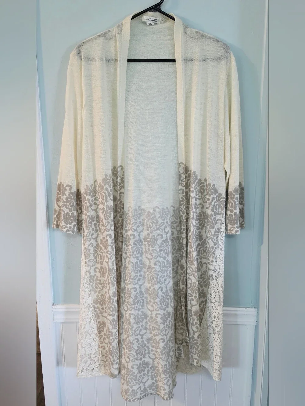 Simply Noelle Cream & Beige Lace Floral Damask Open Duster Cardigan